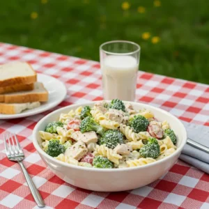 A bowl of pasta salad with chicken, broccoli, and cherry tomatoes, served with milk and bread on a checkered tablecloth.