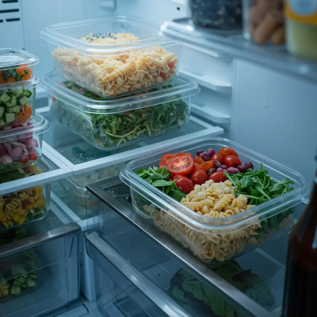 Healthy Meal Prep Containers with Pasta Salad and Vegetables in Fridge