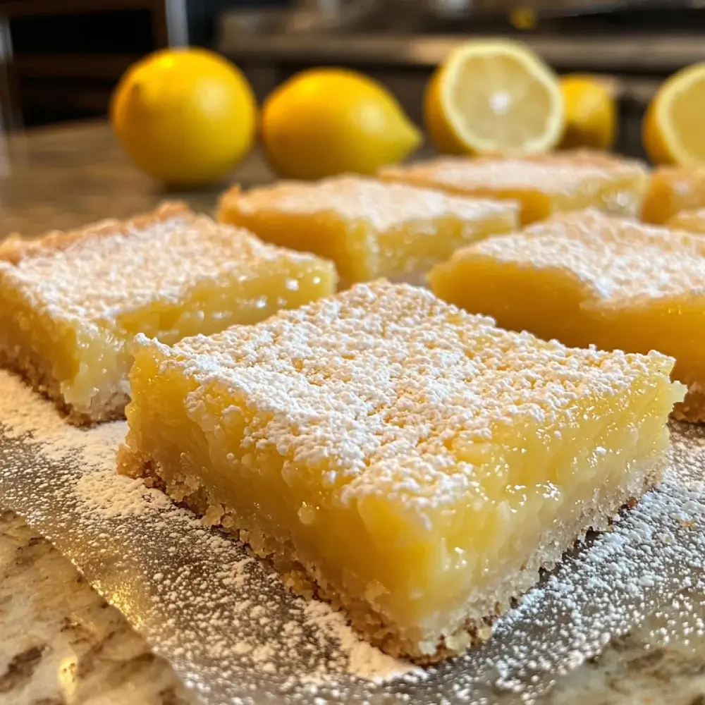 Lemon Bars Preparation A close-up of lemon bars dusted with powdered sugar, with a tangy lemon filling and a crumbly crust.