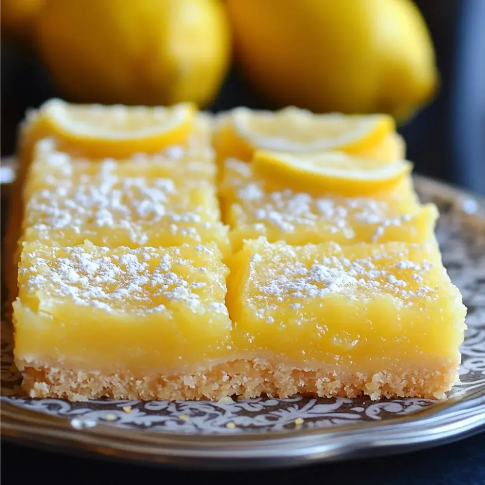 Lemon Bars with Lemon Slices A close-up of lemon bars topped with lemon slices and a dusting of powdered sugar.