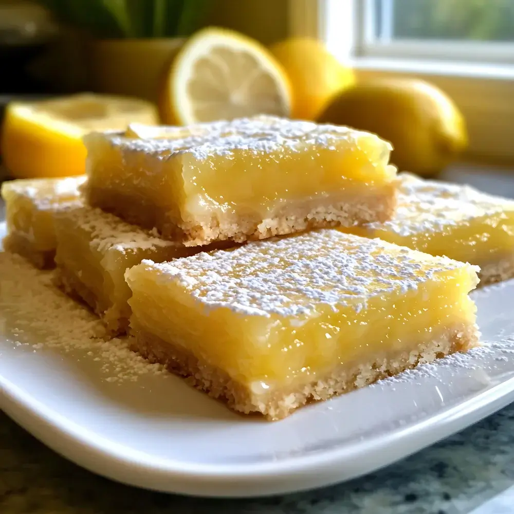 Lemon Bars A plate of 2 ingredient lemon bars dusted with powdered sugar, featuring a lemony filling and a crumbly crust.