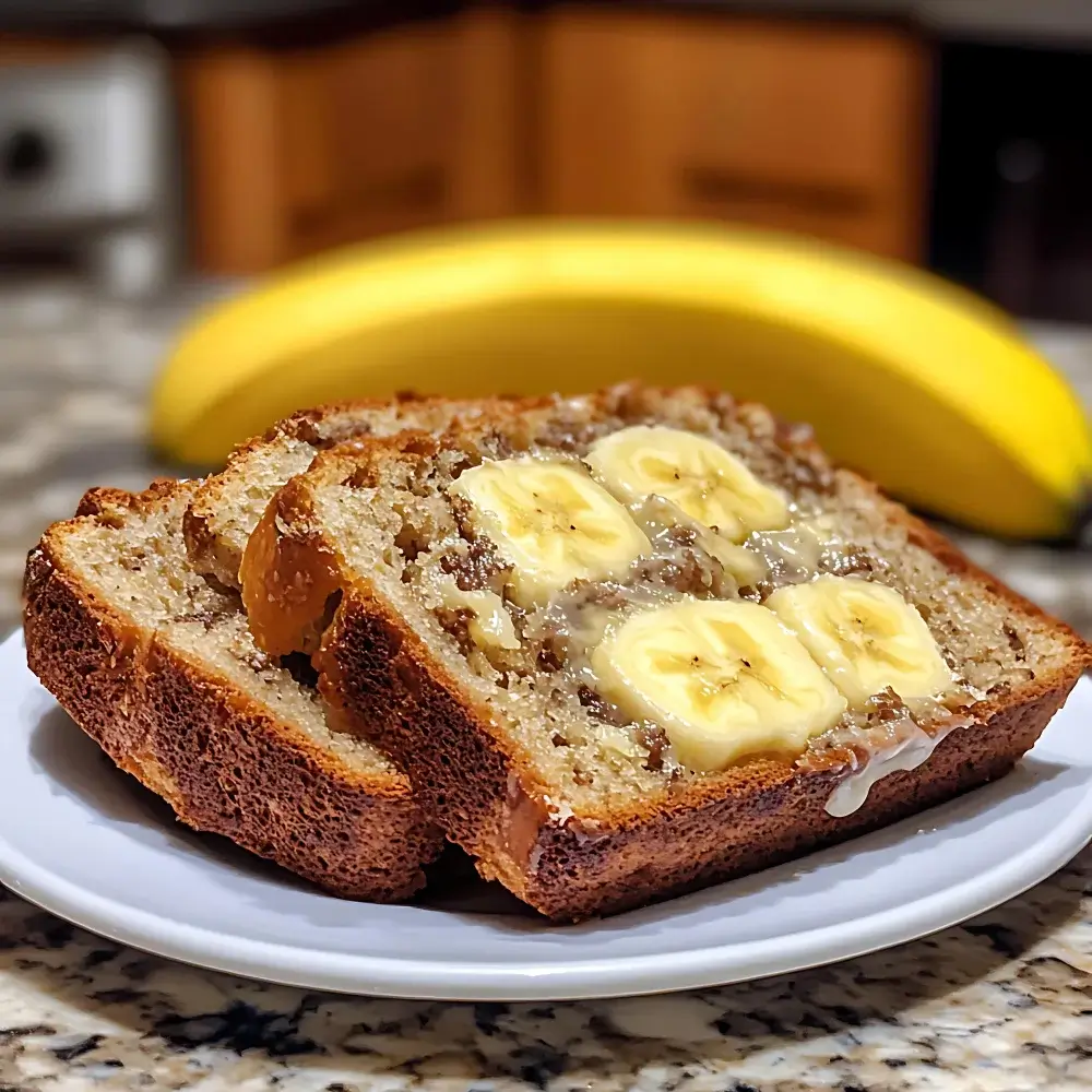 Sliced Banana Bread with Banana Topping and Syrup Slices of cottage cheese banana bread topped with banana slices and a drizzle of syrup, served on a white plate with bananas in the background.