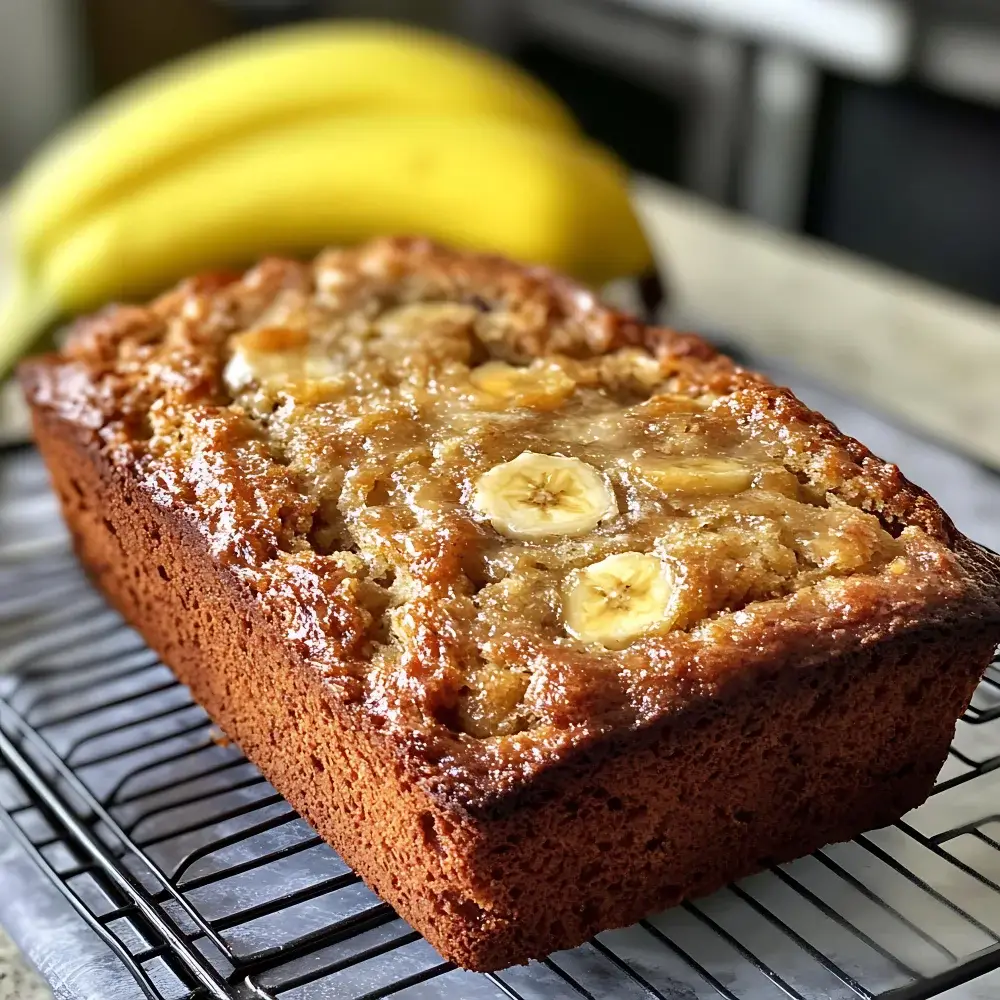 Sliced Banana Bread with Toppings Freshly baked cottage cheese banana bread topped with banana slices, cooling on a wire rack with bananas in the background