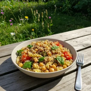 A bowl of chickpea and quinoa pasta salad with fresh tomatoes and basil, placed on a wooden table with a garden background.