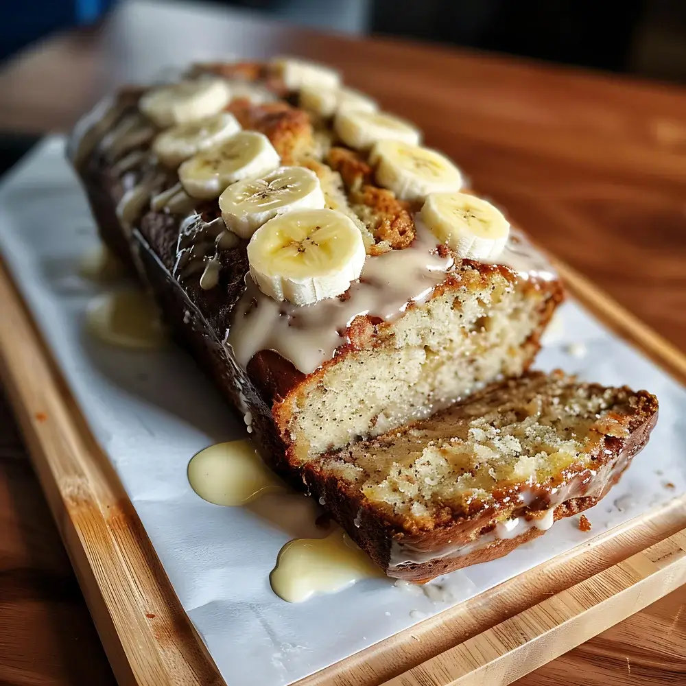A moist, sliced banana bread loaf with a sweet glaze drizzled over it and fresh banana slices on top, resting on a wooden cutting board.